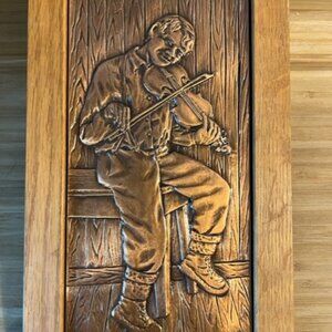Vintage 1976 A Nadeau Quebec Canadian artist Copper embossed on wood fiddler